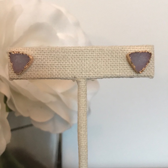 Druzy Pink Triangle Stud Earrings - Picture 3 of 8